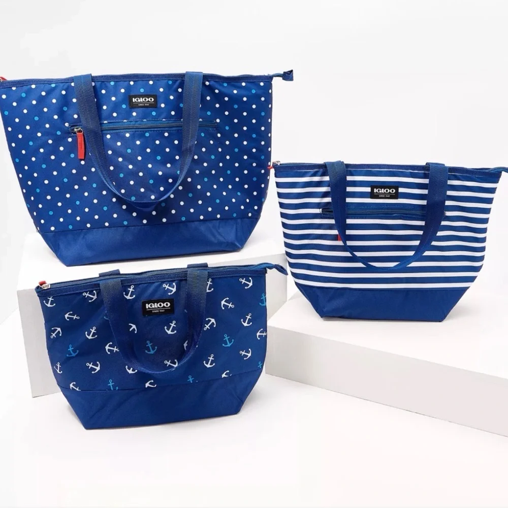 Igloo Insulated 3-Piece Trendy w/ Blue Anchors & Polka Dots Tote Set